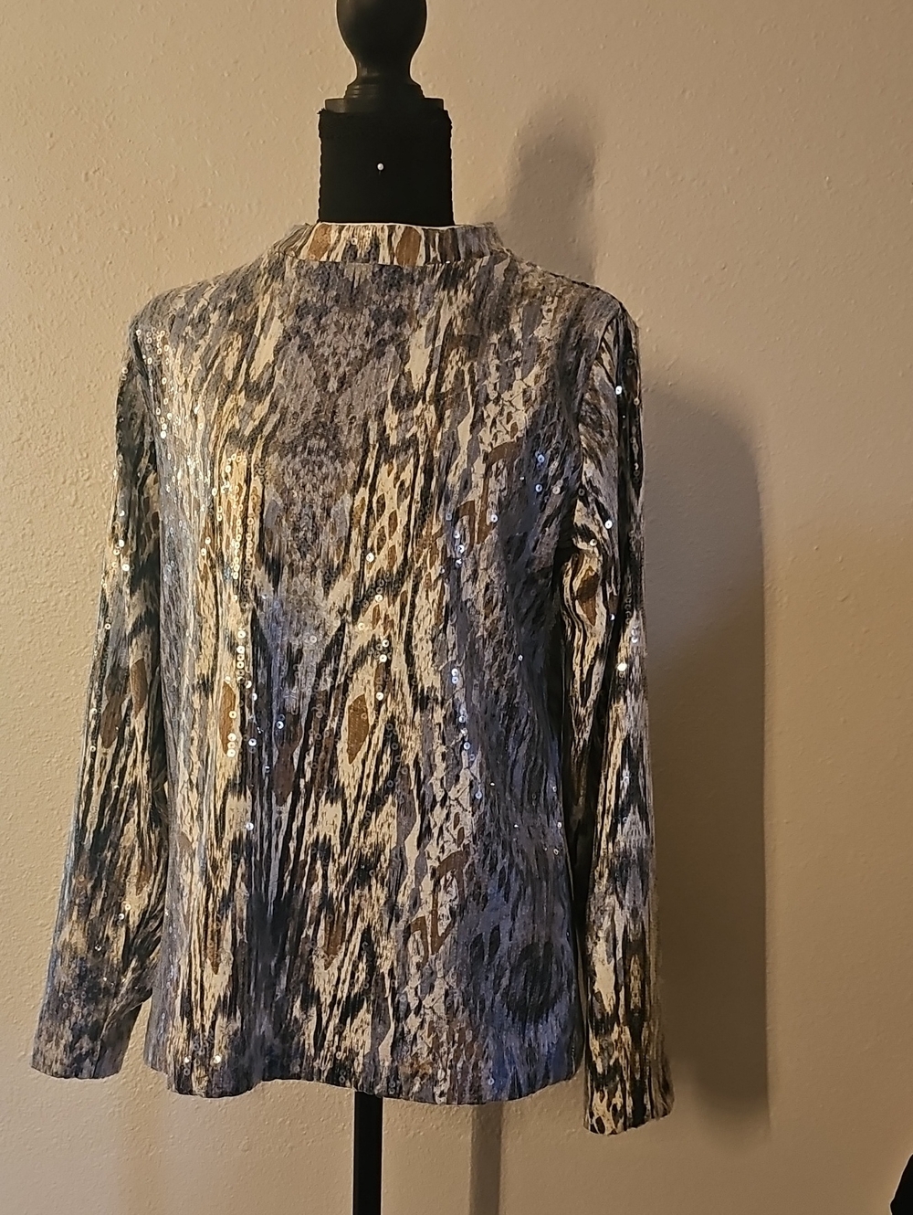 Chico's Sequined Animal-Print Long Sleeve Top in Silver and Gold Tones